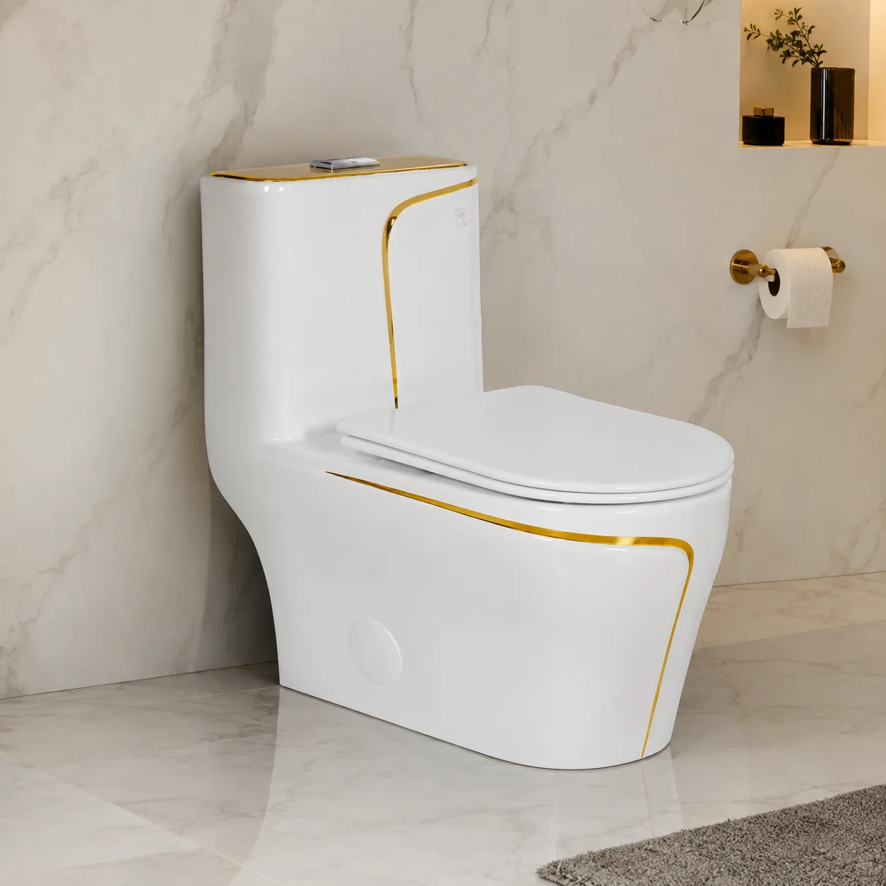 Celestia™ one-piece toilet with gold trim